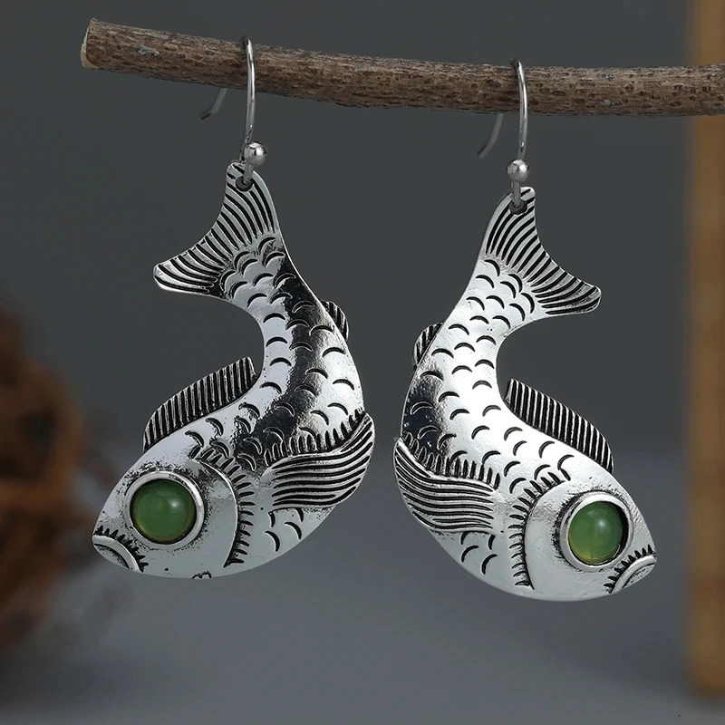 Charm Women Fish Animal Green Stone Drop Silver Color Earrings Party Jewelry Gifts 250610