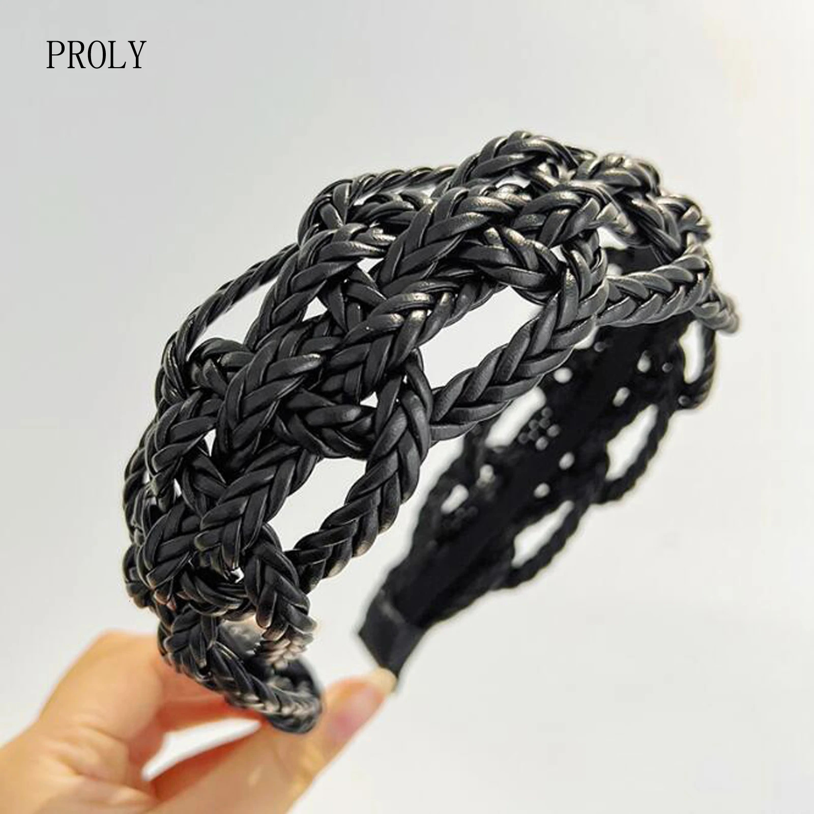 PROLY Fashion Hairband For Women Wide Side PU Leather Braided Headband Geometric Hollowed Turban Summer Hair Accessories 250610