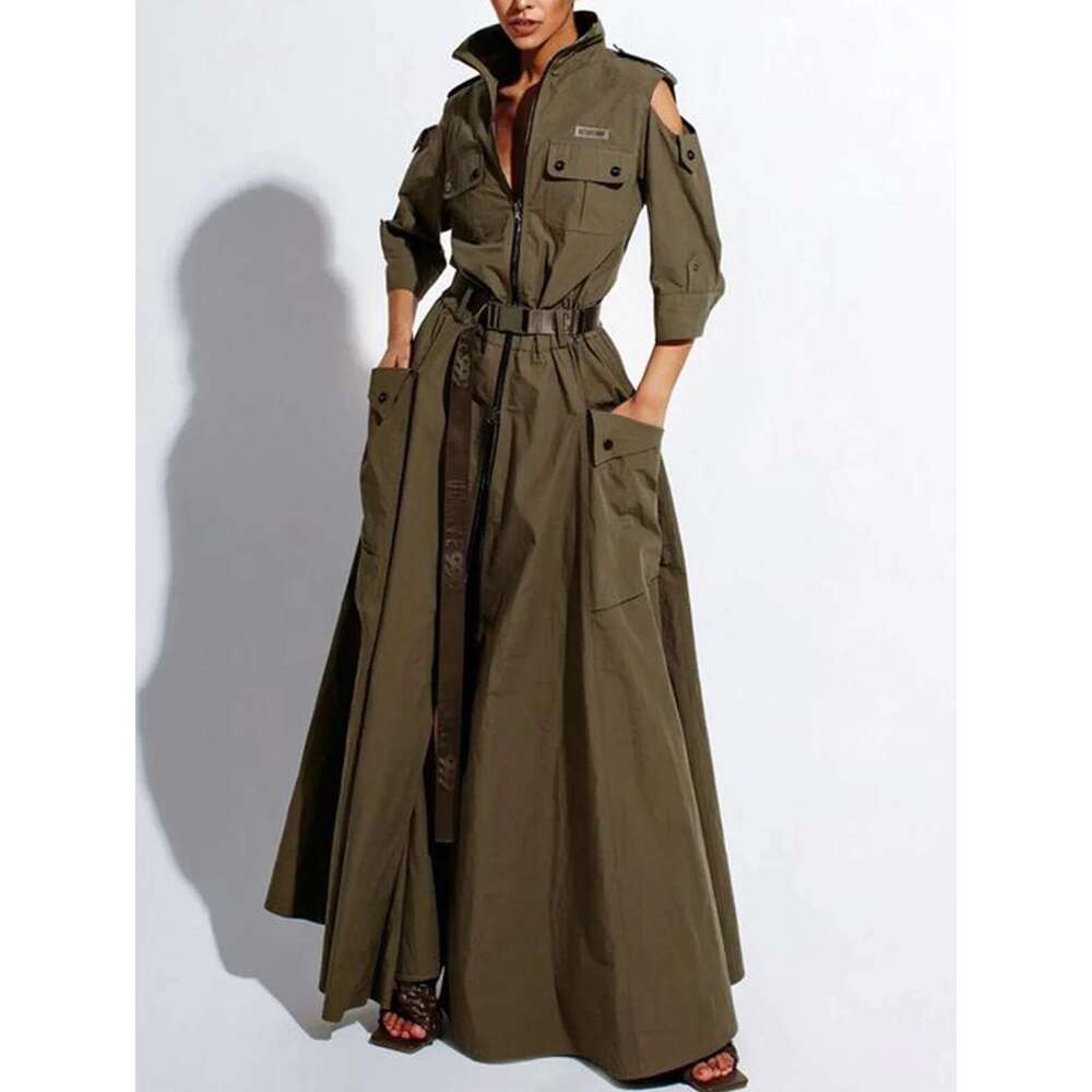 Chic Solid Maxi Shirt Casual Turndown Neck Half Sleeve Zipper Belt Pockets Long Dress Ladies Streetwear Women Clothes
