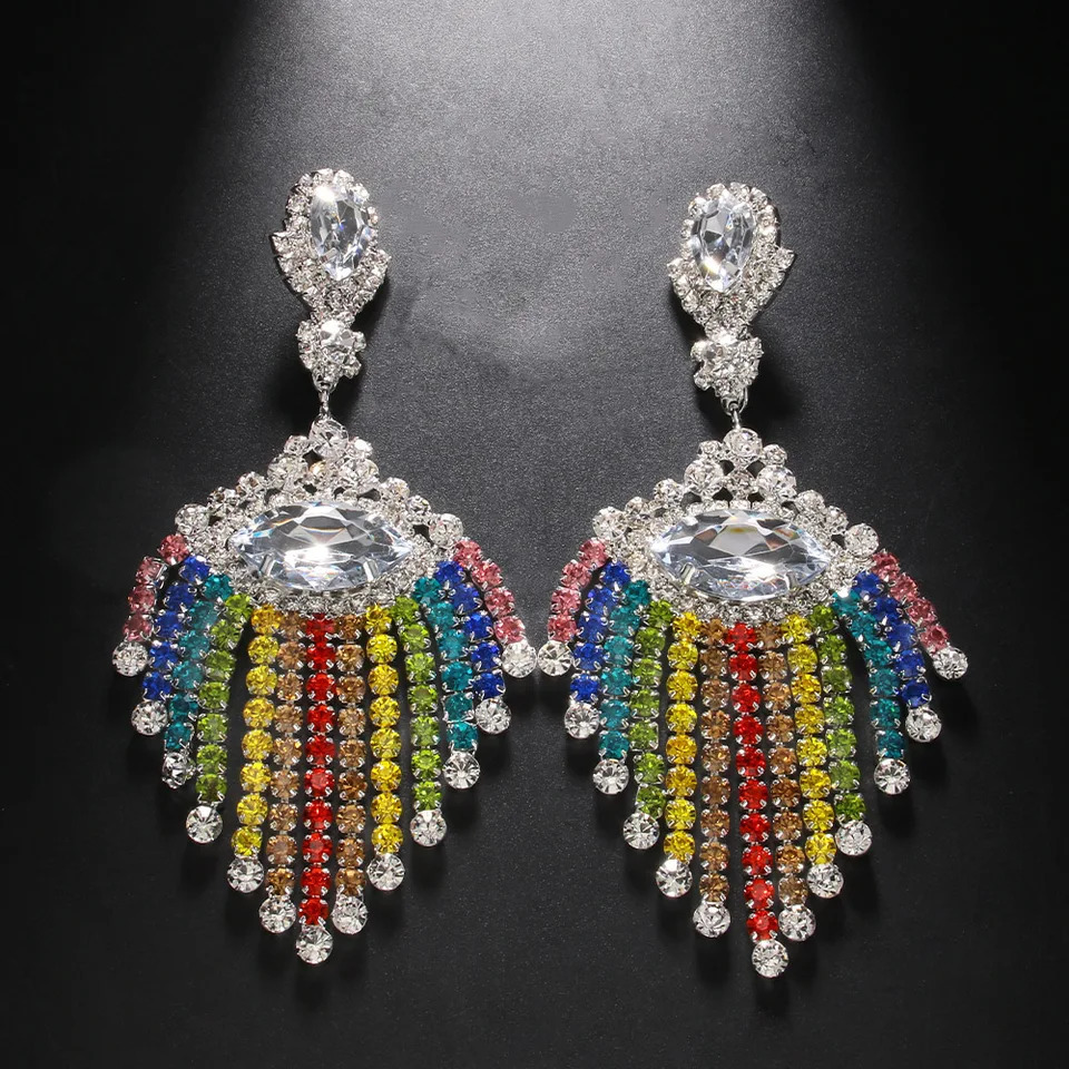 Boho Rhinestone Rainbow Geometric Fringed Dangle Earrings Drag Queen Crystal Colorful Long Tassel Drop Earrings Wedding Jewelry 250610