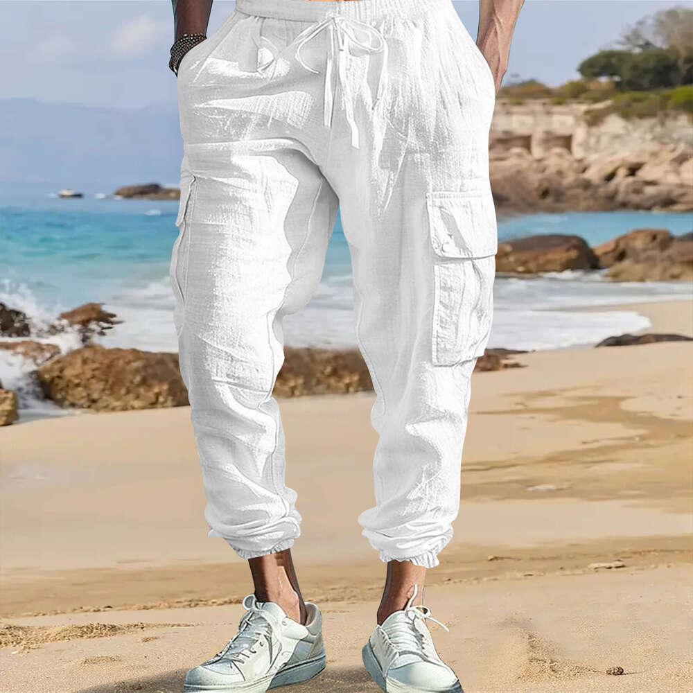 Men's Casual Jogger Pants With Multiple Pockets Drawstring, Solid Color, Loose Fit, Workwear Style, Spring And Autumn Cotton Linen B5