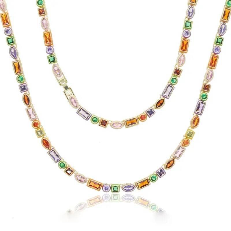 2025 New Geometric 5A CZ Rainbow Colorful Enamel Tennis Chain Bracelet Necklace Round Square Eye Rectangle Shape Women Jewelry