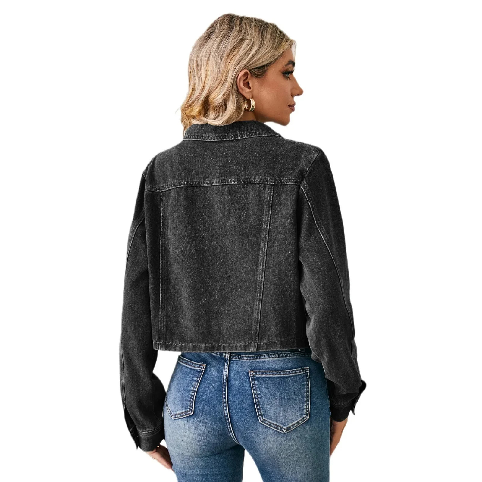 American Style Cropped Denim Jacket Top Long Sleeve For Women Model Washingdenim Crop Jacket From China Mainland Loose Fit 250609