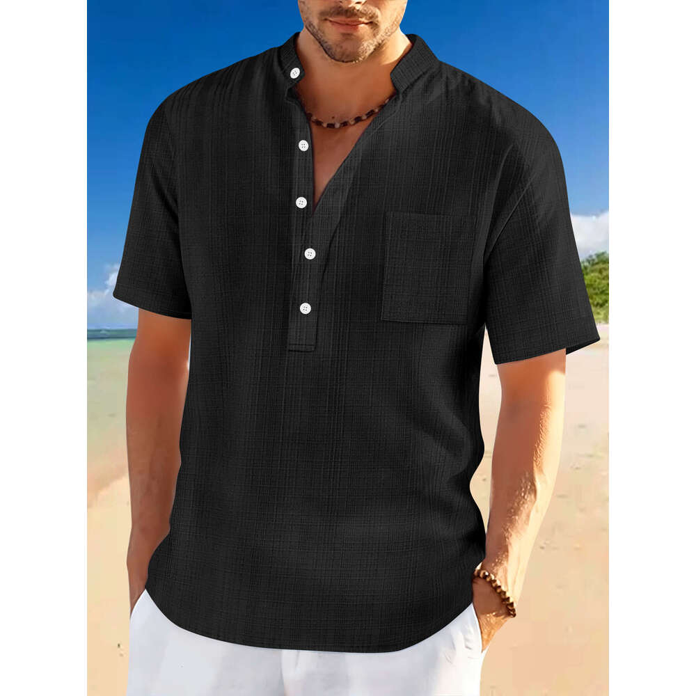 Spring Summer Men's Stand Collar Short Sleeve Loose Casual Vacation Henley Shirt Men B5