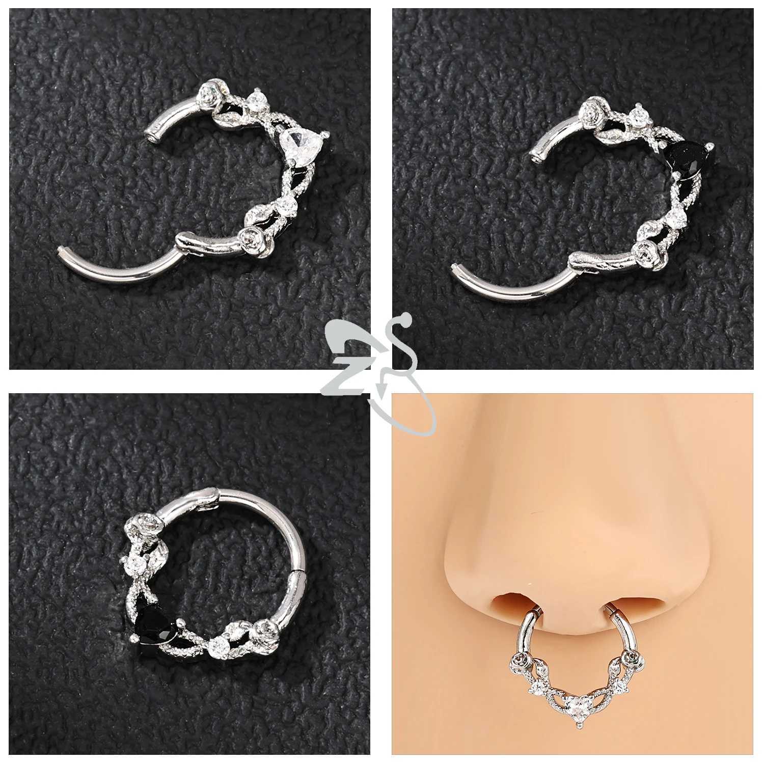 ZS 1PC Pink Crystal Nose Piercing Silver Color Septum Ring 316L Stainless Steel Nose Clicker Ear Helix Cartilage Piercing 16G W250611
