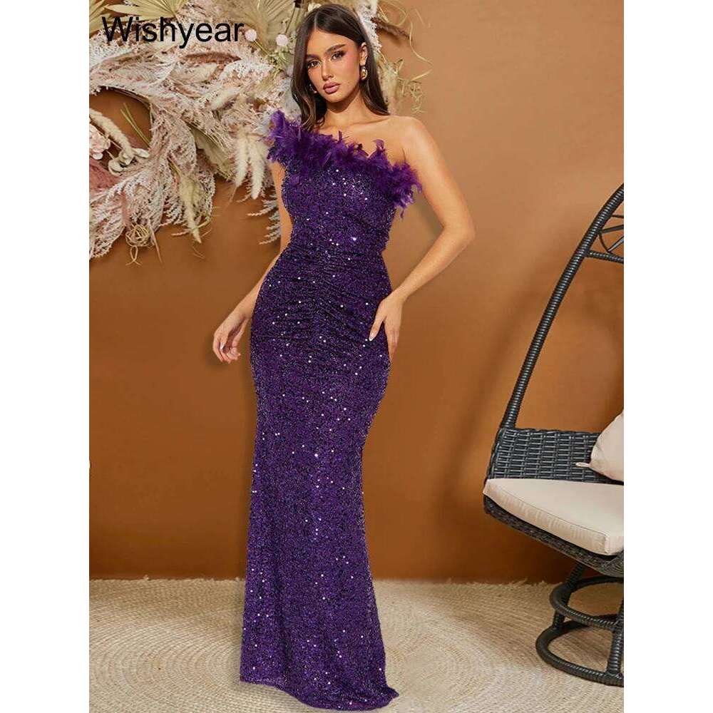 New Sequined Feather One Shoulder Sleeveless Slanted Collar Backless Purple Long Dress Women Birthday Party Event Gowns