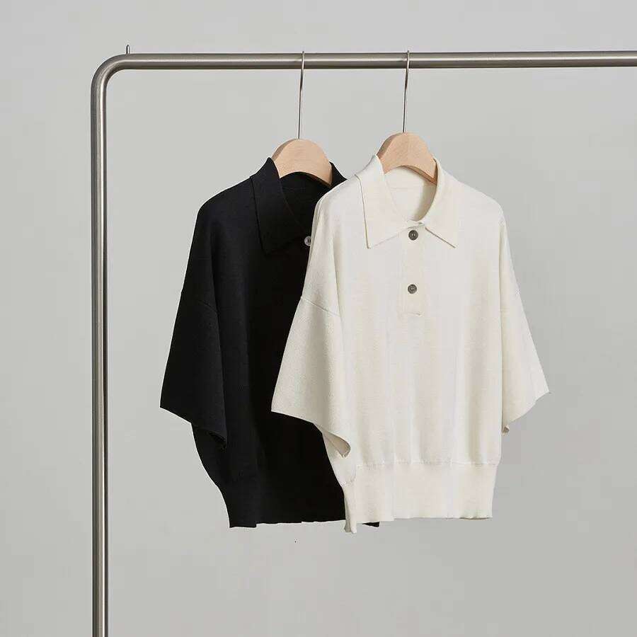 Naizaiga 58% mulberry silk 42% cotton striped POLO-collar short sleeve solid white black loose Women 2024 summer pullover JFY64