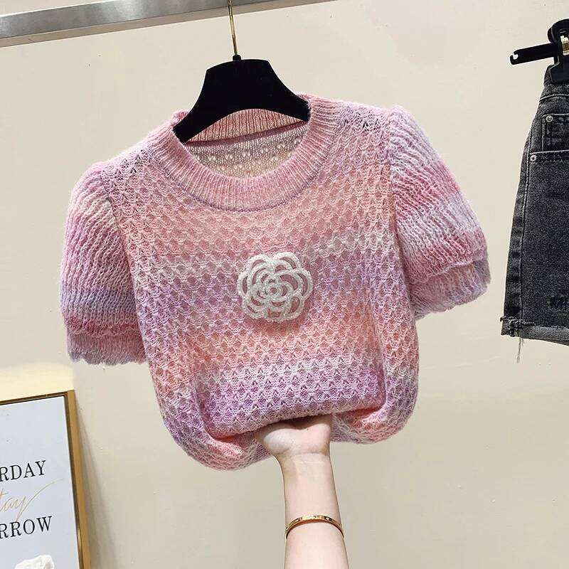 Korean Fashion Knitwears Women O-Neck Short Sleeve Casual Summer 2024 Y2k Chic Clothing Sweater Pullovers Tops Pull Femme Tees