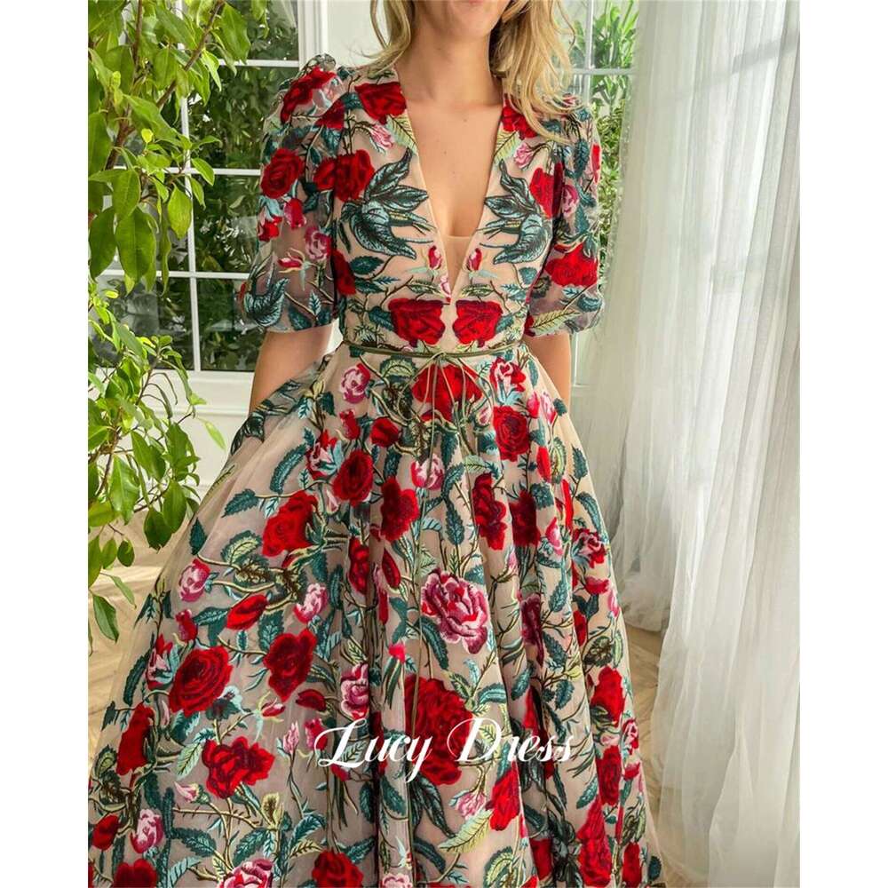 Lucy Party Dress Ball Gown V Collar Wedding Floral Lace Evening Dresses 2024 Prom Women Midi Ladies Gala Woman Customized