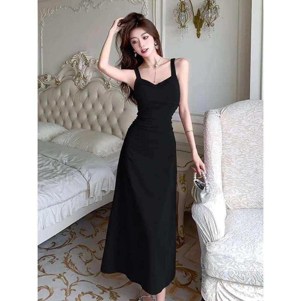 Summer 2025 Black V Neck Elegant Festival Pleated Sexy Party Women Rose Red Sleeveless High Waist Backless Slip Long Dress