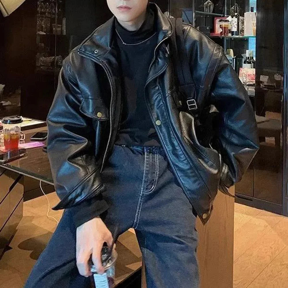 Mens Pu Jacket Motorcycle Punk Style Pu Leather Jacket Autumn Rock Workwear Trend Streetwear Trend Pu Jacket MenS Clothing 250611