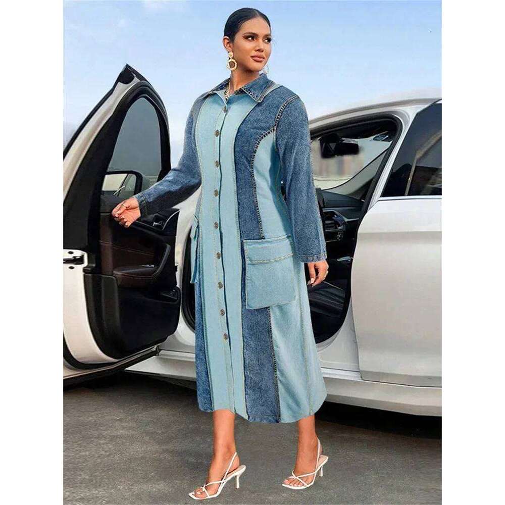 Wmstar Plus Size Denim Dresses Women Long Sleeve Casual Button Pockets Striped Maxi Dress Fall Clothes Wholesale Dropshipping