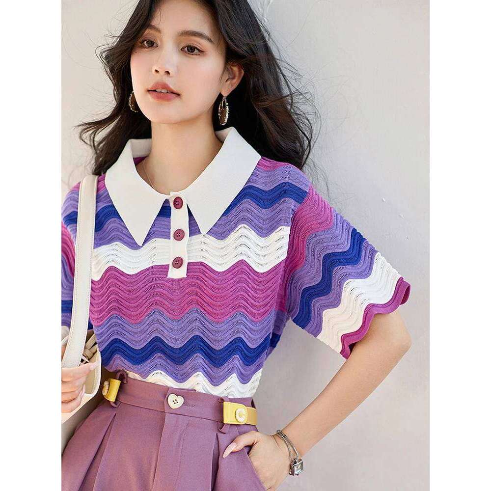 Women's Retro Contrasting Color Turn-down Collar T-shirt Summer 2024 New Casual Pullover Fashion Lazy Style Tops