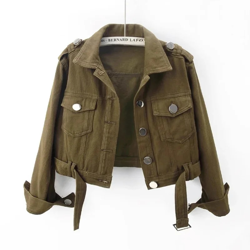 Spring Autumn Fashion Solid Color Big Pocket Denim Jacket Women Casual Cowboy Outerwear Hem Belt Slim Short Jeans Jacket Female 250609