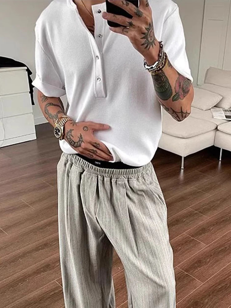 Knitting Solid Color Short Sleeve T Shirt Summer Casual Buttoned Textured Men Tshirts Fashionable Mens Henley Neck Shirts 250610