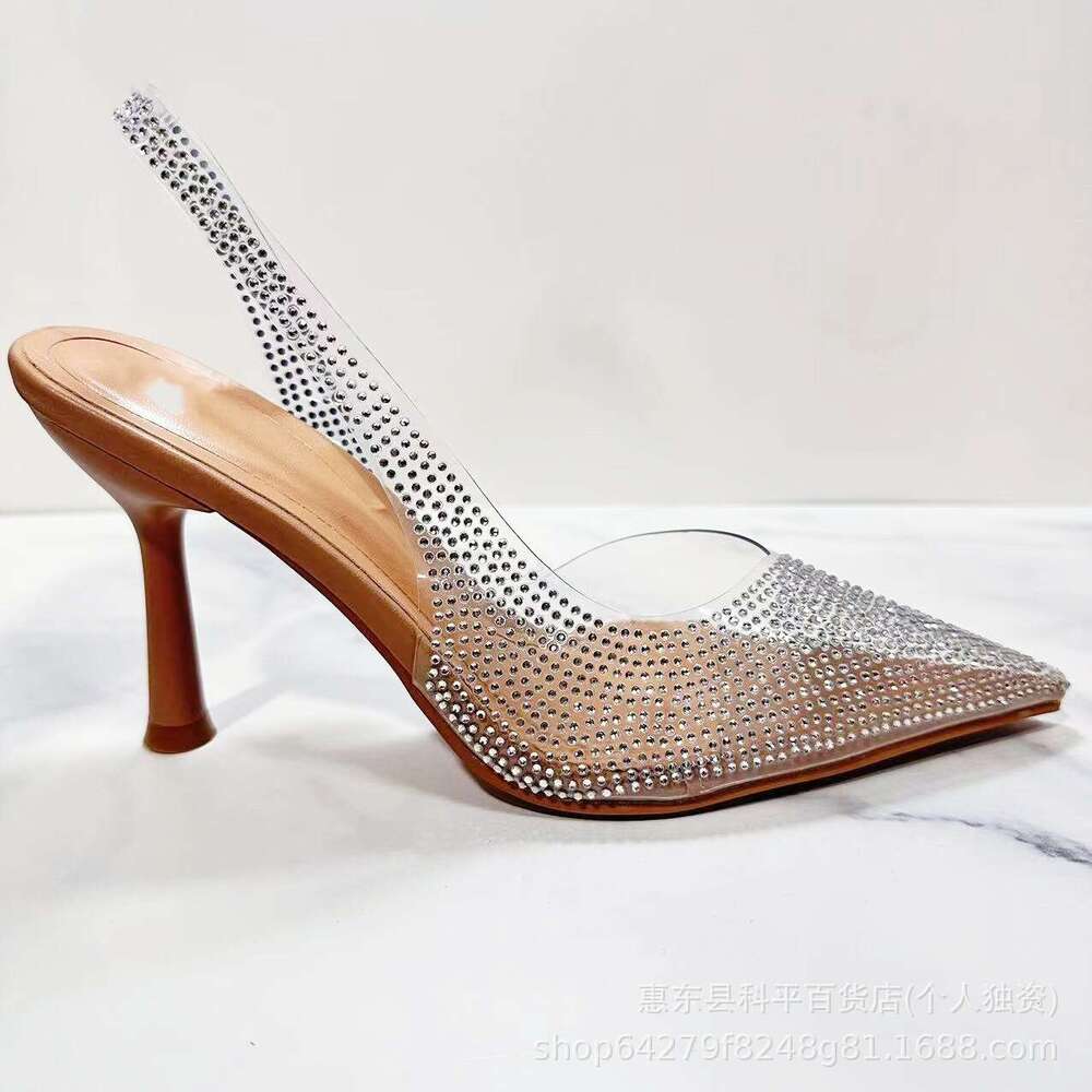 2023 Summer New Women's Shoes Natural Color Shiny Rhinestone Open High Heel Mules Pointed Toe Stiletto Versatile Sandals