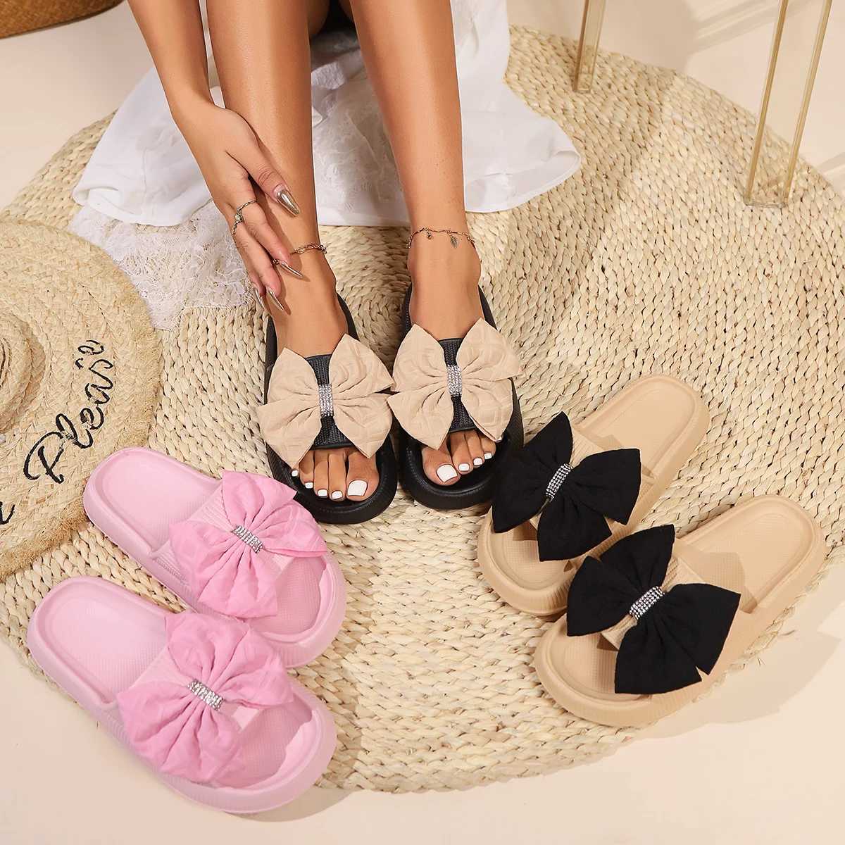 New Womens Summer Platform Slippers with Rhinestone Bow Holiday Beach with Soft N-Slip Soles Pink Pillow Slides XJ250610