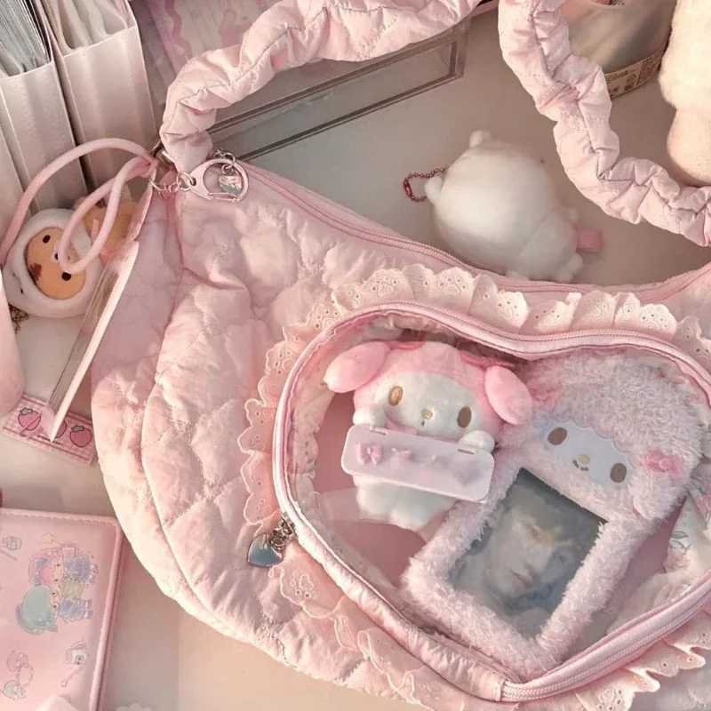 Cute Womens Shoulder Bag Pleated Love Heart Lolita JK Ita Bag Drawstring Ballet Style Sweet Fashion Female Handbag PinkXJ250610