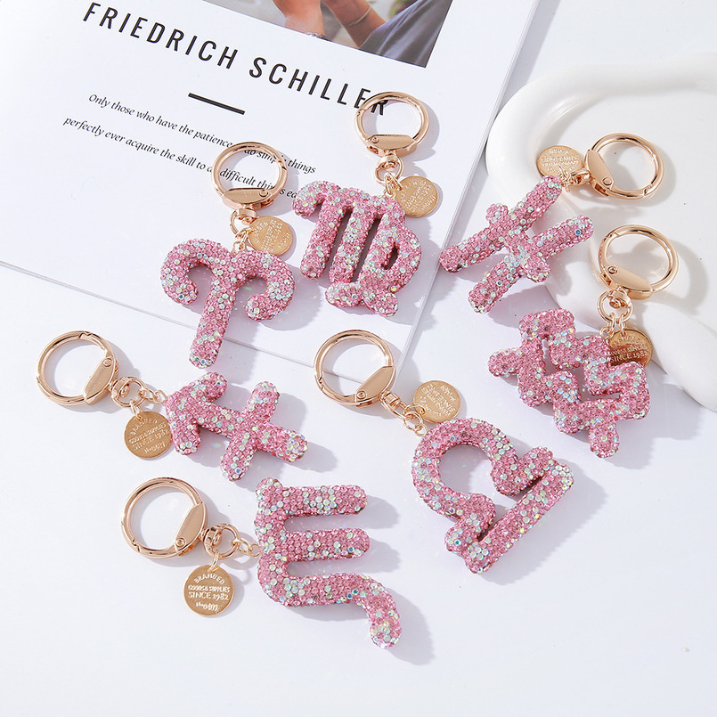 Pink rhinestone constellation car keychain, fashionable, individual and shiny handbag, special constellation pendant for car birthday gifts