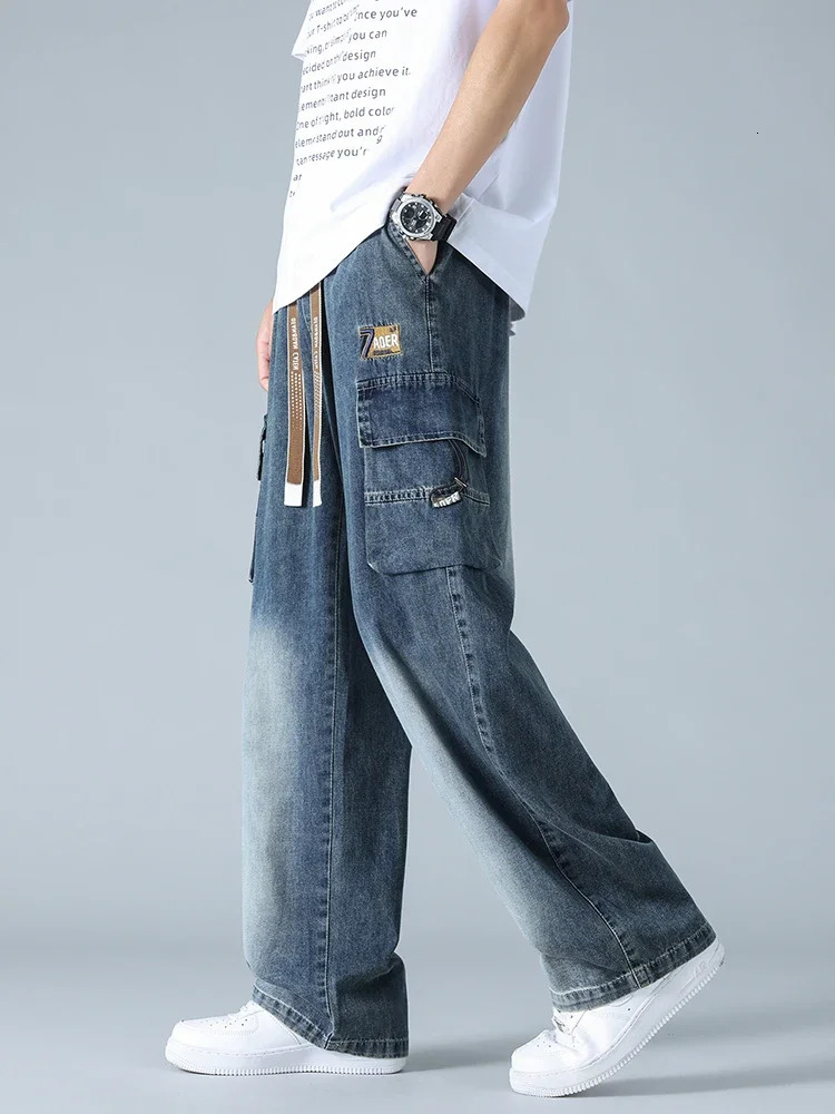 Summer mens jeans with flip pockets thin and lightweight denim work pants large size wide leg loose jeans straight leg pants 250611