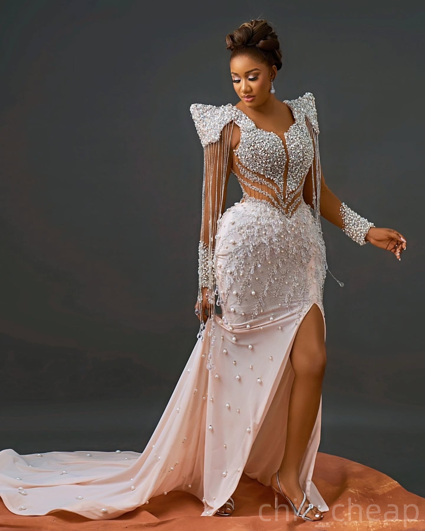 Champagne Mermaid Prom Dresses 2025 Pearls Crystals Beadings Satin Evening Formal Party Second Birthday Engagement Gowns Plus Size Dress For Special O
