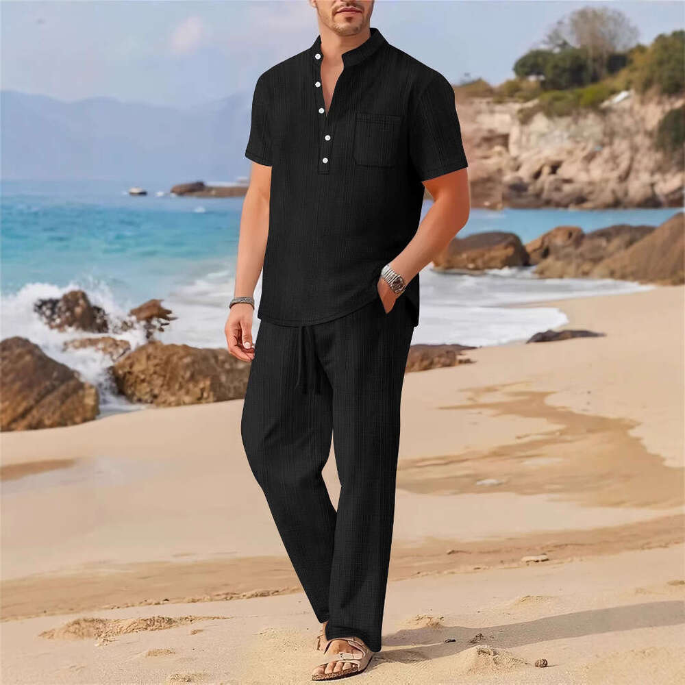 Spring/Summer New Men's Loose Casual Imitation Linen Short Sleeve Long Pants Set B5