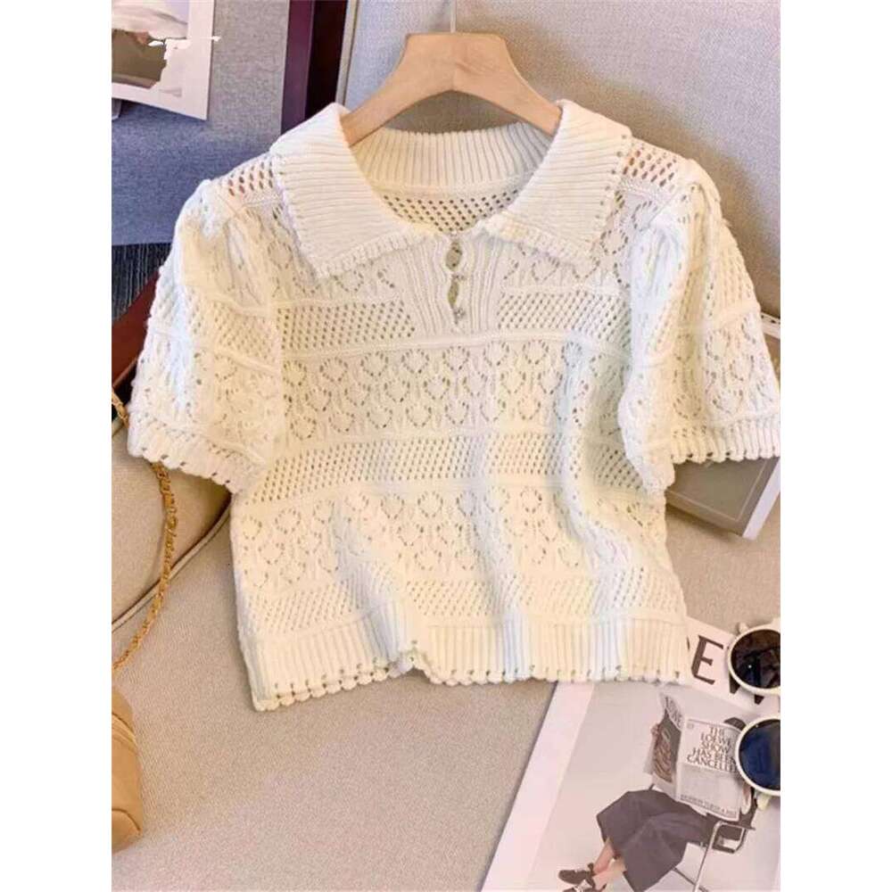 Sweet Sle Short Sleeve Knitted Shirt 2025 New Summer Hollow Out Crochet Design Thin Pullover Top Women's Blouse