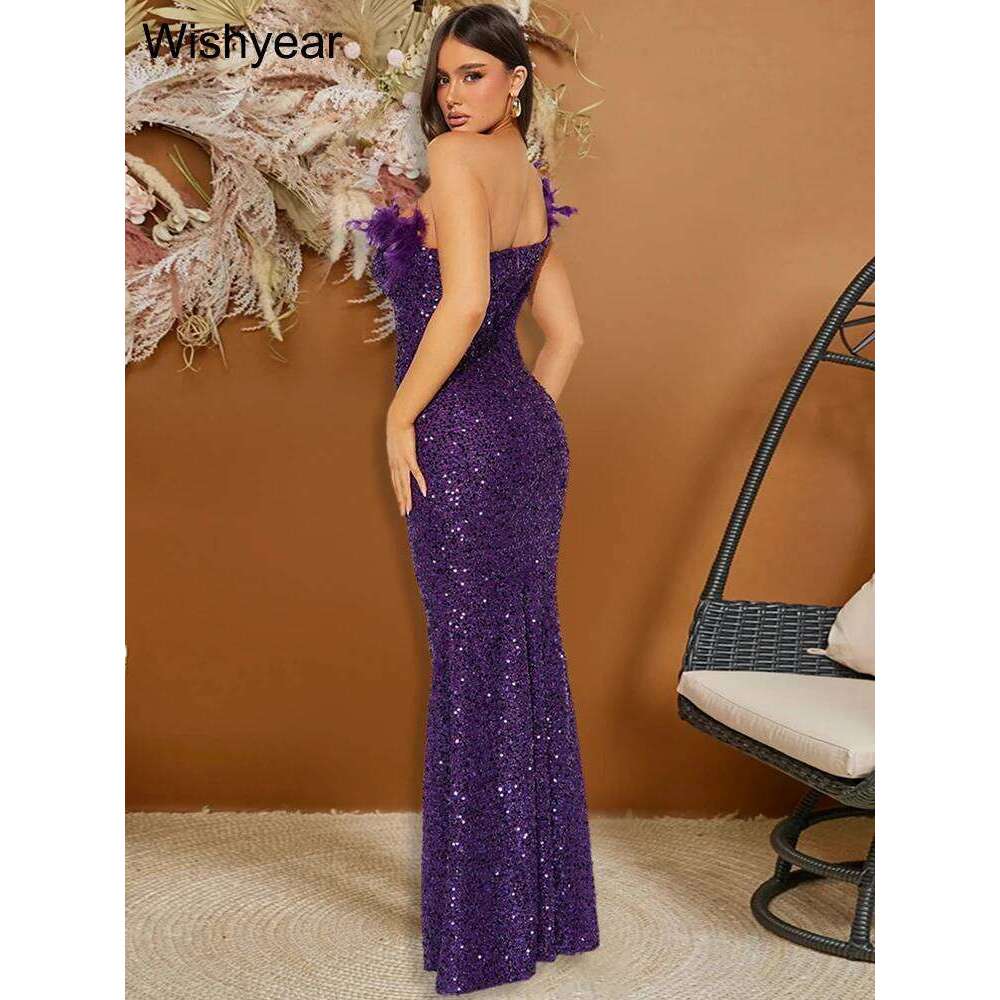 New Sequined Feather One Shoulder Sleeveless Slanted Collar Backless Purple Long Dress Women Birthday Party Event Gowns