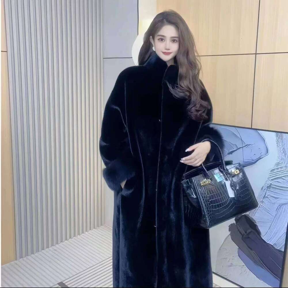 Women's Stand Collar Faux Fur Coat, Blue Jacket, Long Overcoat, Loose, Thicken, Warm, High Quality, Female, Winter, New