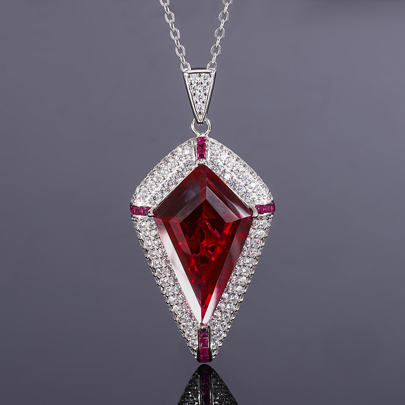 S925 Silver Faux Red Ruby Emerald Creative Triangle Pendant Necklace, 16x26mm Main Stone Design, Stylish and Elegant Women's Jewelry, Perfect for