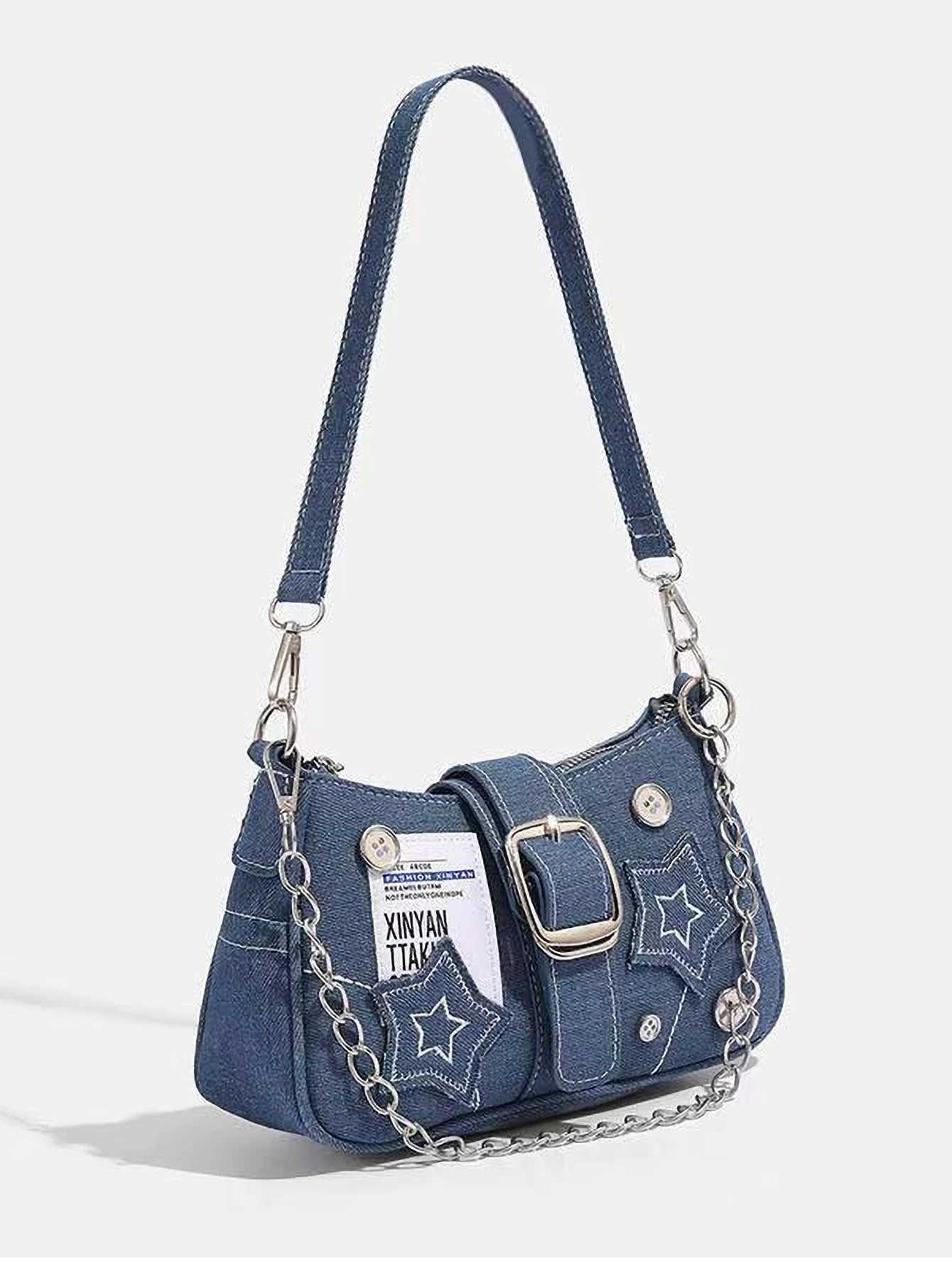 Y2K Motorcycle Hot Girl Style Shoulder Bag Versatile Star Denim Underarm Bag XJ250610