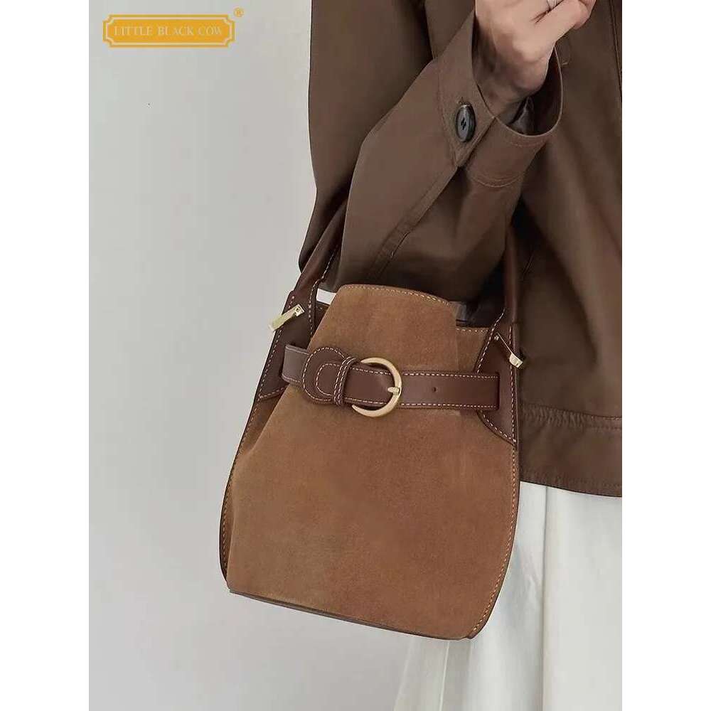 Women Casual Suede Spliced Cow Split Leather Bucket Buckle Designer Shoulder Bags Totes Handbag Strap Crossbody Bag
