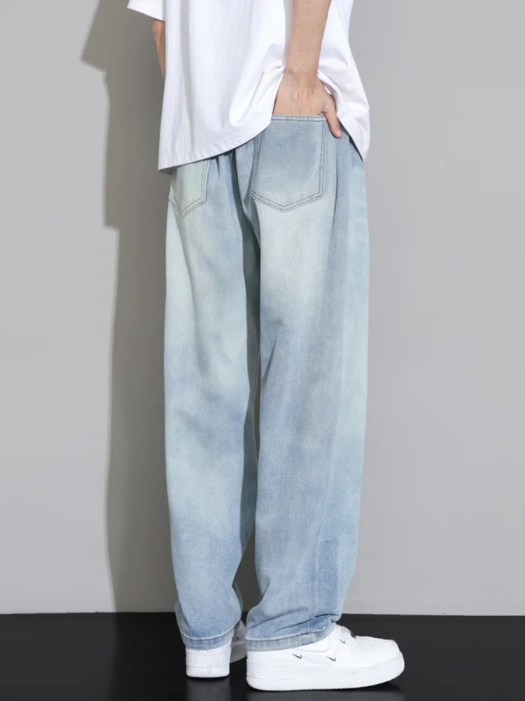 Spring Summer Loose Jeans for Men Light Blue Straight Wide-leg Embroidered Fashionable Casual Denim Long Pants Male 250611