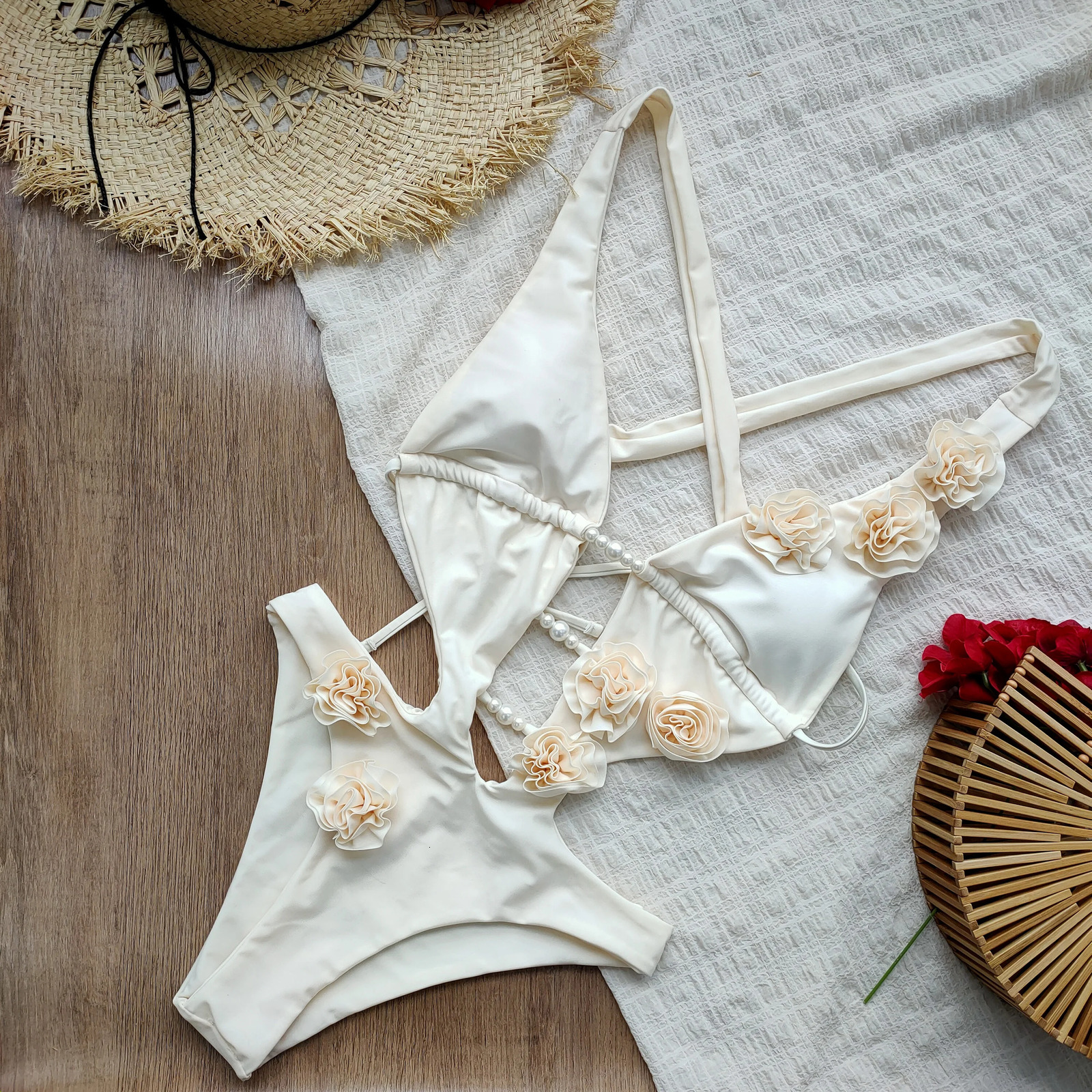 3D Flowers One Piece Swimsuit Women Solid Sexy Hollow Out Swimwear Tropical Summer Beachwear Bathing Suit Bodysuit 250609