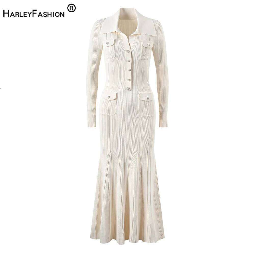 Romantic French Style Polo Collar Dias Buttons Biege Color Full Length Knitting Dress for Tall Women High Quality