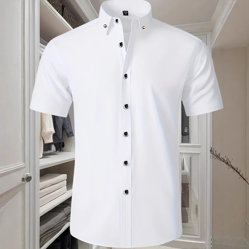 Fashion Formal Blue Shirt For Mens Short Sleeved Slim-Fit Business Classic Basic Diamond Button Wedding Social Shirts Male 250611