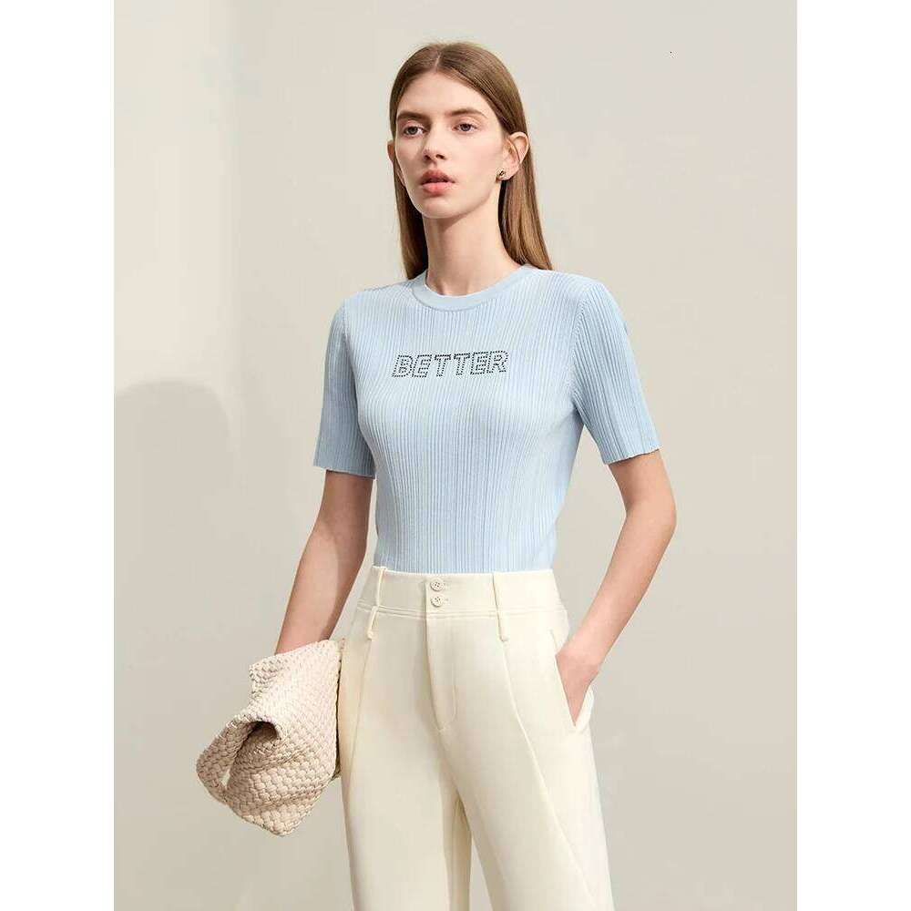 Amii Minimalism 2024 Women Knit Sweater Summer New Slim O-Neck Short Sleeve Letters Embroidery Stretch Casual Tops Lady 12442013