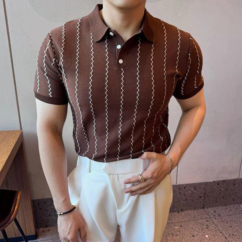 Spring Summer Casual Mens Polo Shirt Vintage Striped Crochet Buttoned Neck Knit Tops Men Fashion Slim Fit Polos 250610