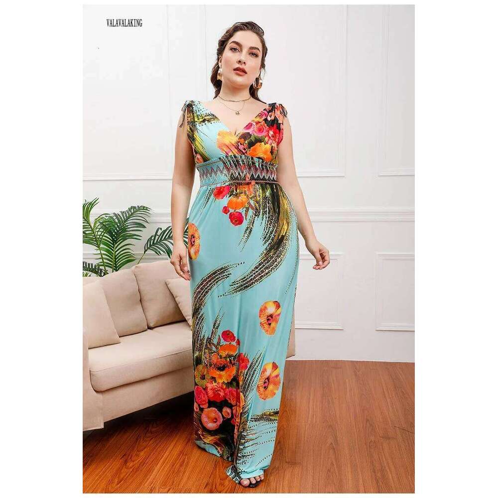 2025 Sexy Sleeveless Plus Size Women For Summer Flower Print V-neck Long Ladies Elegant Large Backless Holiday Dress