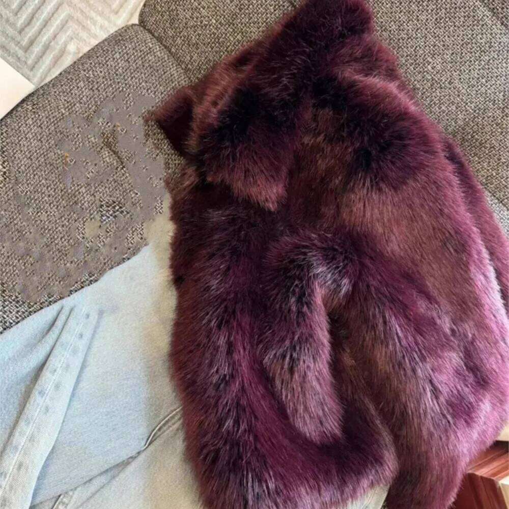Winter Dark Purple Turn down Collar Lapel Hairy Shaggy Faux Coat Women Full Sleeve Furry Fur Warm Jacket Short Outerwear