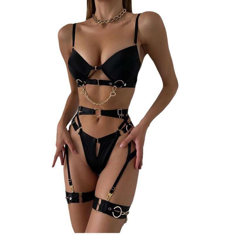 Spell Lingerie Porn Suits Metal Punk Style Large Bust Minimizer Sexy Hot Girl Leg Binding Temptation Lingerie Women S Four Piece Set Sexy Lingerie