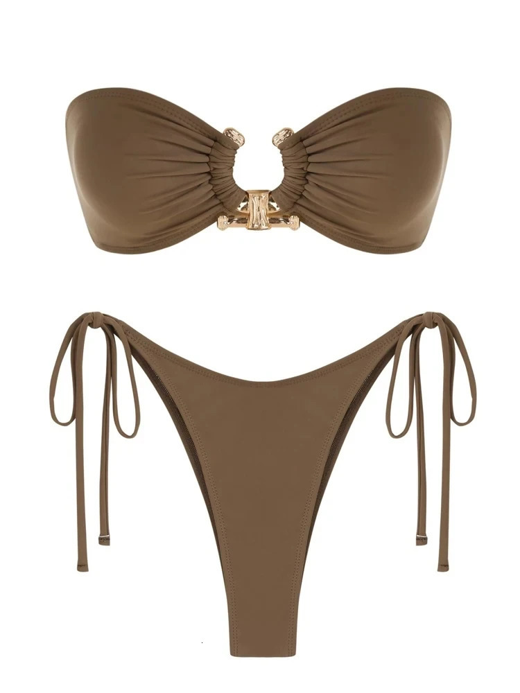 Solid O Ring Swimsuit For Women Tie Side Shiny Metal Hardware Bandeau Bikini Swimwear Padded Bra Top Low Waisted 250609