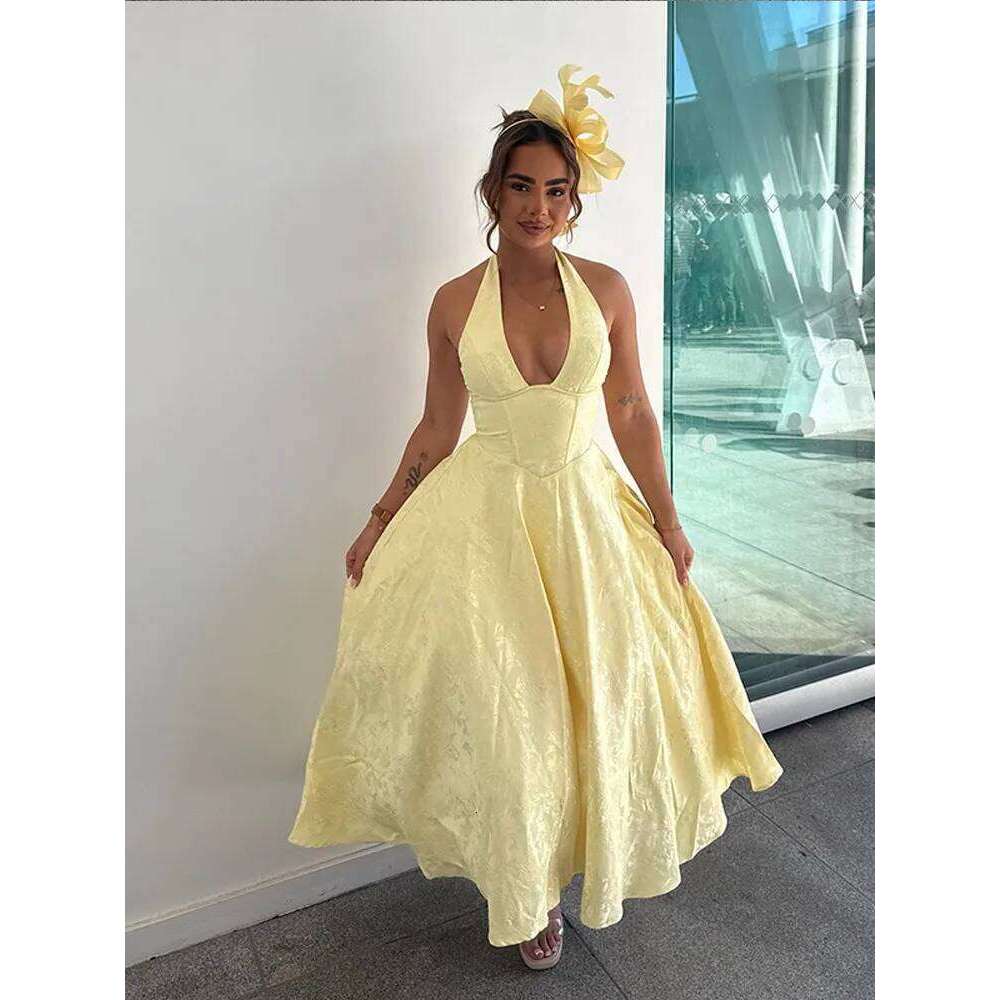 Butter Yellow Corset Backless Maxi Dress Women's Elegant V Neck Halter High Waist Robes Lady Summer Evening Party Gvestidos 2025