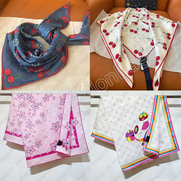 TM multicolor square bandeau silk new square scarf Murakami cherry designer women neck tie designer scarf for women hair thin scarves neck fashion classic 2025 top