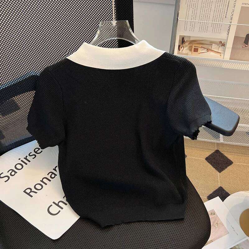 Black Elegant Slim Knit Sweater Tshirt Women 2023 Summer Short Sleeve Bowtie Crop Tops Pullover Stylish Fashion Vintage Knitwear