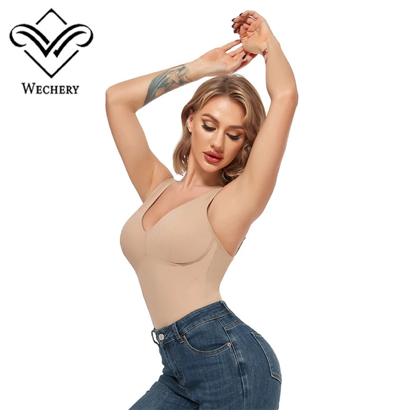 Wechery Women Chic Shapewear Bodysuit Sexy VNeck Bodysuits With Removable Cup Body Shaper Skinny Black Slimming Underwear Bods 250610