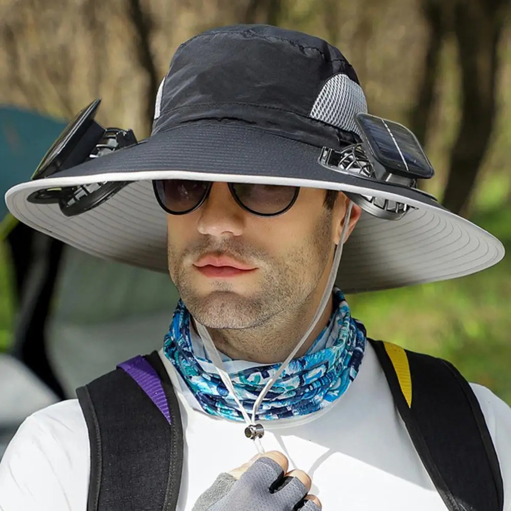 1 Set Outdoor Sun Hat With 2 Fan Large Brim Windproof Solar Or USB Charging Anti UV Sun Fishing Camping Travel Cap 250529