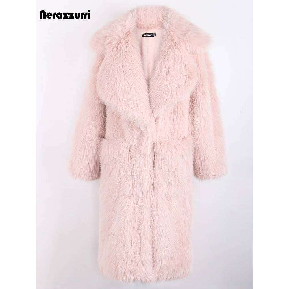 Nerazzurri Winter Long Pink White Black Oversized Shaggy Hairy Thick Warm Soft Stylish Fluffy Faux Fur Coat Women Lapel Pockets