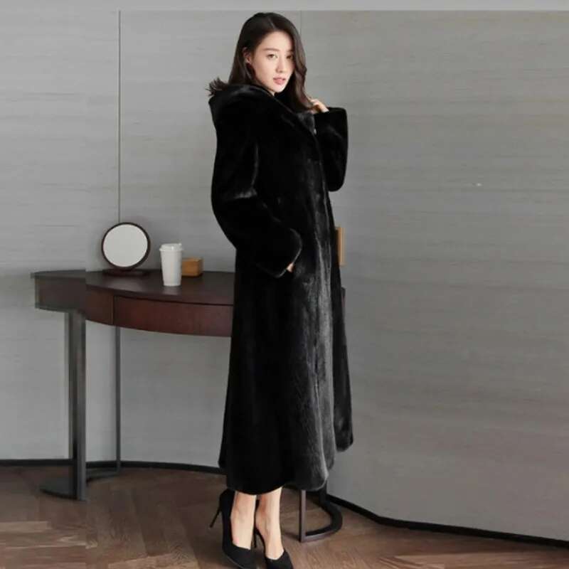 Brand Coats Women Big Size Long Jacket Hooded Warm Thick Winter Outerwear Black Faux Mink Fur Coat Clothing