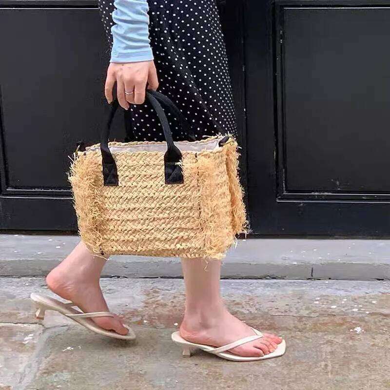 Fashion Handmade Raffia Grass For Women's Summer Vacation Rough Edges Tote Bag Lady Handbag Designer Clothes Women